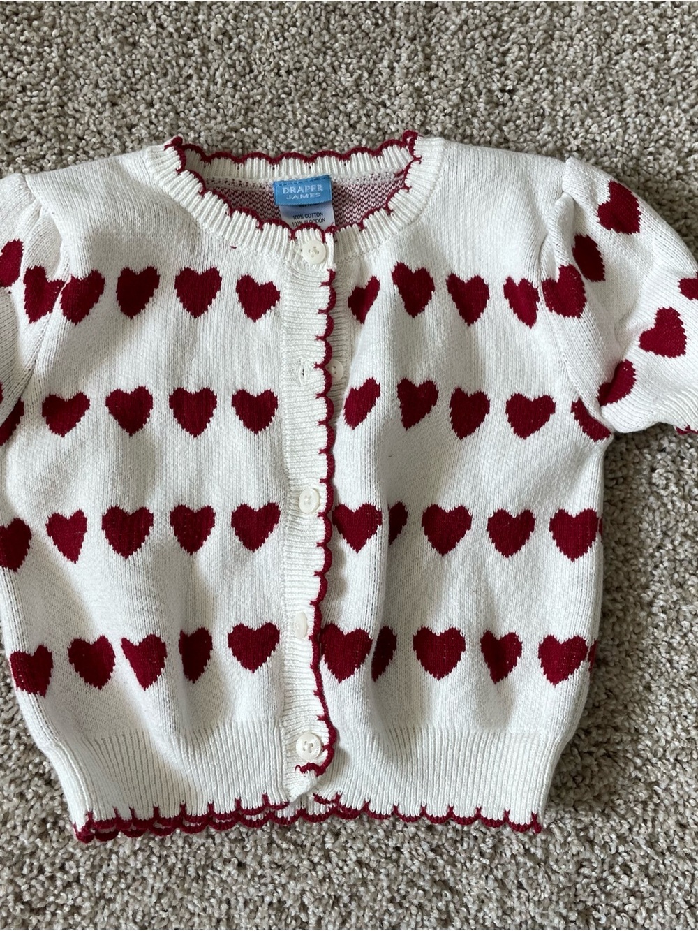 Draper James Cream Cardigan Sweater with Red Heart Pattern